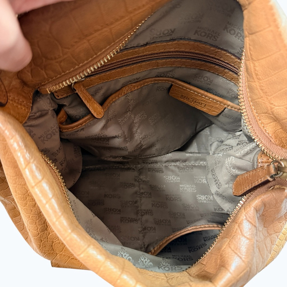 Michael Kors Brown Croc Embossed Leather Hobo Shoulder Bag Gold Hardware